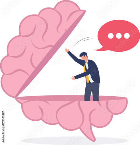 Professional standing inside a giant open brain with chat bubble