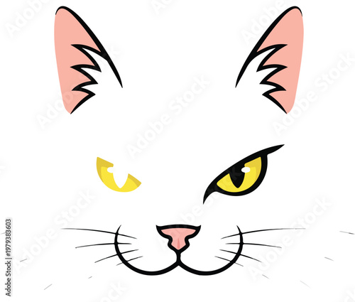 Cartoon angry white cat face closeup.