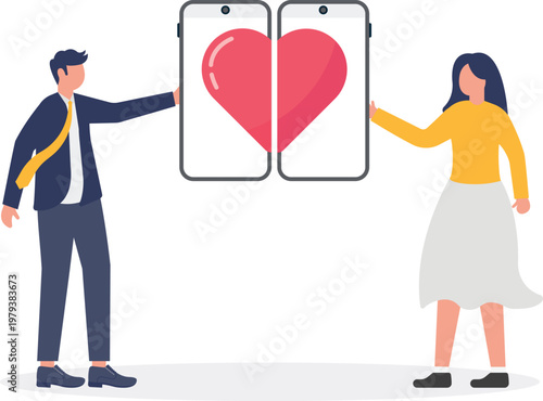 Couple connecting heart symbols on mobile screens