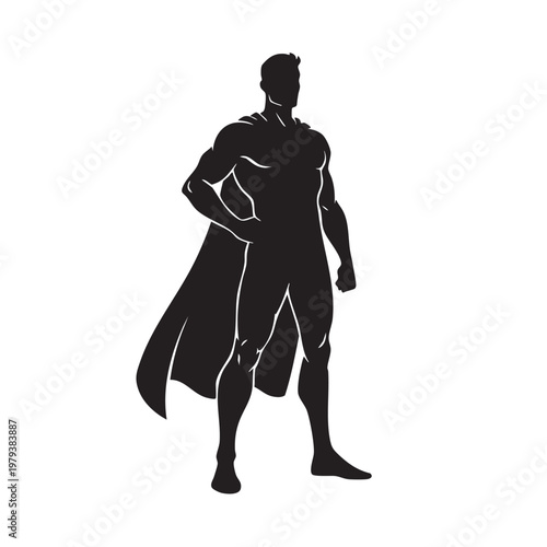 Black silhouette of a muscular superhero standing in a confident pose, wearing a flowing cape, isolated on a clean white background