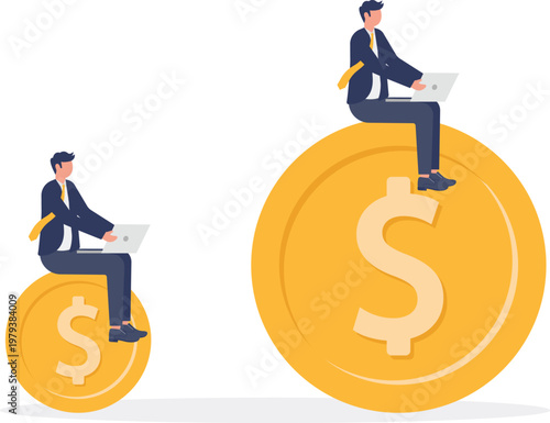 Professional sitting on a giant gold coin working on laptop