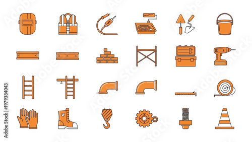 Construction Tools: Set of various orange outline icons illustrating construction tools for building and repair projects.