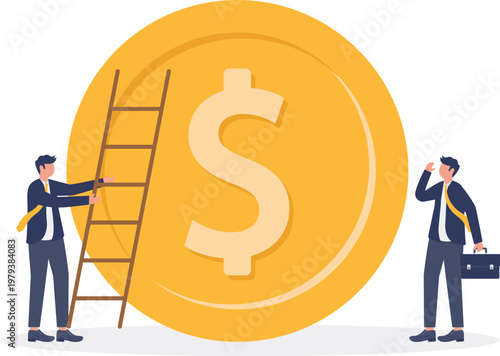 Professional climbing a ladder leaned against a giant coin