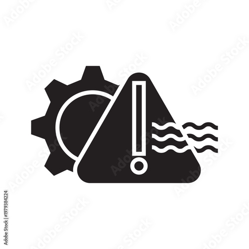 Line icon combining a gear, warning sign, and water waves, representing environmental risk, system alerts related to water, flooding, or technical issues in utilities.