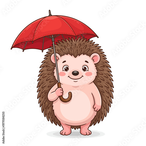 Smiling hedgehog holding a red umbrella on white background