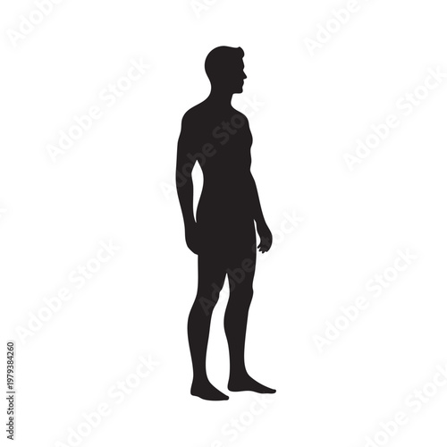 A solid black silhouette of a muscular man standing in a side profile view, isolated on a clean white background, representing a human stance
