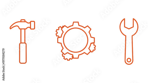 Simple Tools Line Art: A minimalist line art illustration featuring a hammer, gear, and wrench, ideal for representing construction, repair, or engineering concepts.