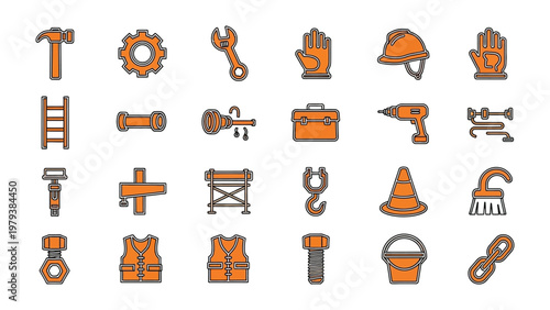 Construction Tool Icons: A comprehensive collection of construction tool icons, encompassing essential equipment for building and repair projects.