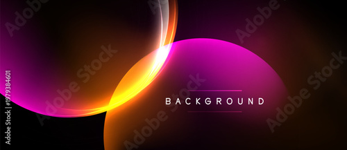 Abstract design features vibrant curves, gradients. Pink, orange hues dominate dark background. Modern, dynamic visual presentation.