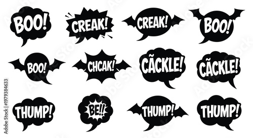 Halloween comic speech bubbles with spooky sound effects silhouette