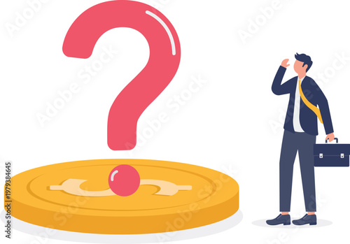 Professional sitting on a gold coin with a question mark