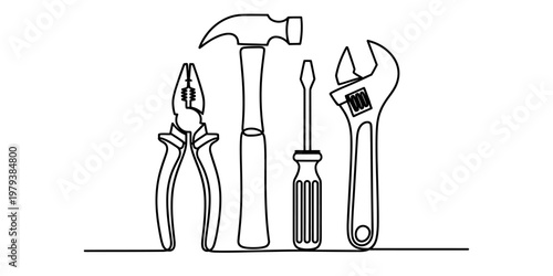 A single continuous line drawing illustration featuring a hammer pliers screwdriver and wrench Vector, illustration
