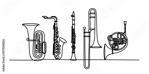 A collection of various musical instruments drawn in a continuous line art style on white background Vector, illustration