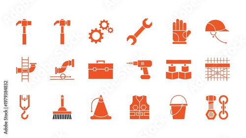 Construction Tools Icons: Set of silhouette icons for construction work and safety gear equipment with hammer, wrench, gear, glove and helmet on white background