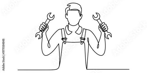Continuous line drawing of a handyman wearing overalls and holding two wrenches in his hands Vector, illustration