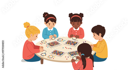 Five diverse young children sit around a circular table together, happily engaged in the creative activity of stringing colorful beads into jewelry.