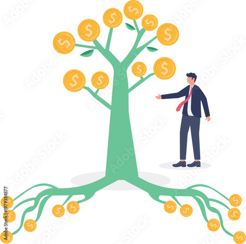 Professional tending to a money tree with gold coin fruits