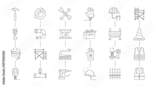 Construction Icons and Tools: A comprehensive collection of construction icons and tools presented in a simple, minimalist line art style.