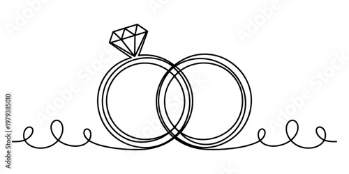 Foto A minimalist continuous line drawing featuring two interlocking wedding rings and a diamond