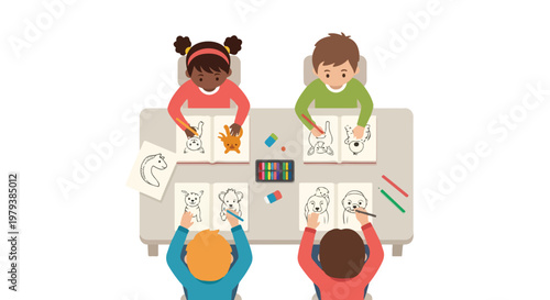 The image shows four children sitting around a table, engaged in drawing and coloring activities in their sketchbooks with pencils and crayons.