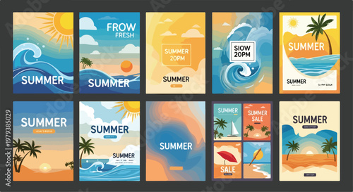 Set of 10 Summer Beach Vacation Vector Backgrounds