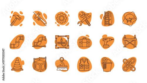 Construction Icon Set: A comprehensive collection of construction-related icons, each meticulously designed to represent essential tools and elements used in the construction and building industry.