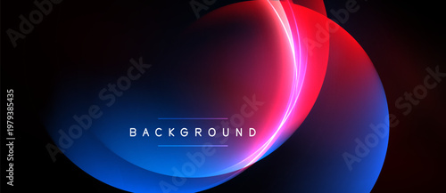 Abstract design features vibrant blue, red gradients. Overlapping shapes create dynamic visual effect. Text reads background. Dark backdrop enhances luminosity.