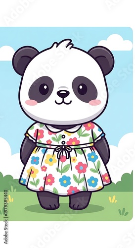 Cute cartoon panda in floral dress.