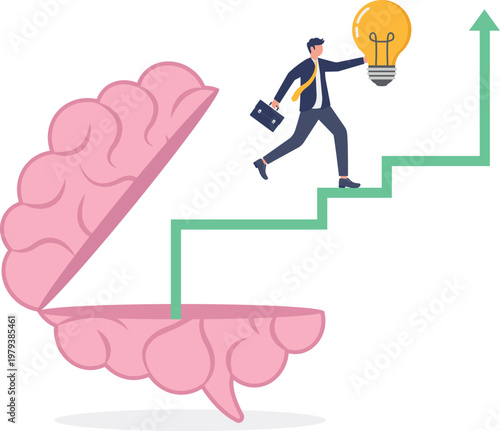 Professional climbing brain stairs holding a lightbulb