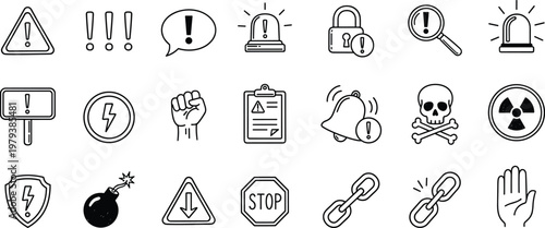 Minimalist black line vector icon set for safety, security alerts, and emergency warnings.