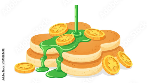 Shamrock shaped pancakes with green syrup and gold coins for St. Patrick's Day breakfast vector illustration