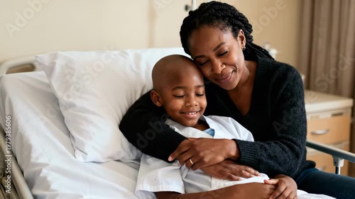 Black Mother Cuddling Smiling Bald Boy In Hospital Recovery Room After Oncology Treatment, Affectionate Embrace, Joyful Eye Contact, Warm Natural Light, Peaceful Healing Mood, Family Support.