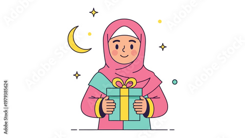 Muslim girl in pink hijab holding a gift box under the crescent moon and stars vector illustration for Eid al-Fitr celebration