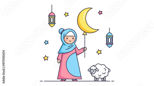 Muslim girl holding a crescent moon balloon with a sheep and lanterns for Eid al-Adha celebration vector illustration