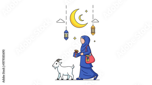 Muslim woman in hijab walking with a goat and carrying gift boxes for Eid al-Adha celebration vector illustration