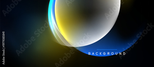 Abstract design features overlapping circles, gradients. Dark background contrasts bright colors, creating modern visual effect. Text reads background.