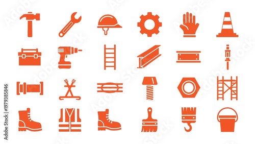 Construction Tool Icons: A collection of essential construction tool icons, symbolizing hard work, equipment, industry.