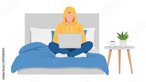 Person in yellow hoodie sitting on bed using laptop flat design vector illustration for remote work and study from home concept