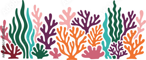 Vibrant flat vector illustration of colorful marine coral reef and sea plants.