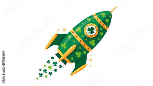 Green rocket ship with shamrocks launching on white background vector illustration for St Patrick's Day success concept