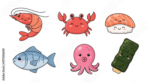 Cute Kawaii Seafood and Sushi Character Set Vector Illustration for Stickers and Menu Design