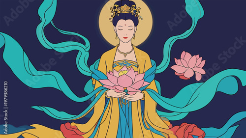 Stylized Buddhist Goddess with Lotus and Aura