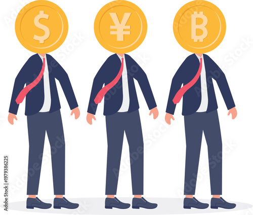 Professionals with currency coins for heads