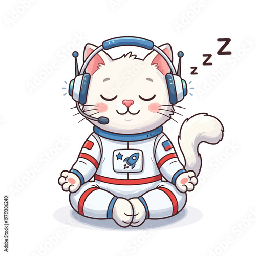 Cartoon white cat astronaut meditating with headset and microphone on white background
