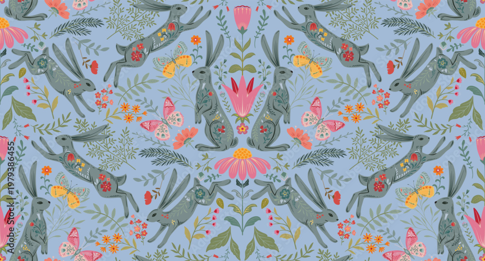 Fototapeta premium Vector seamless pattern with ornate hares, butterflies, flowers, plants forest tree branches. Folk art floral natural endless background.
