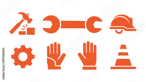 Construction Tools Icons: A set of orange construction tools and equipment icons, showcasing the essential elements of the industry, ideal for design project