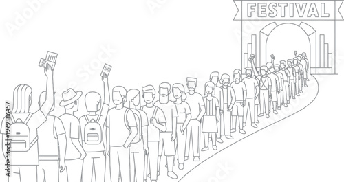 Excited people standing in a long winding queue waiting to enter a large music festival with tickets raised high in their hands showing joy and anticipation for the coming live event.