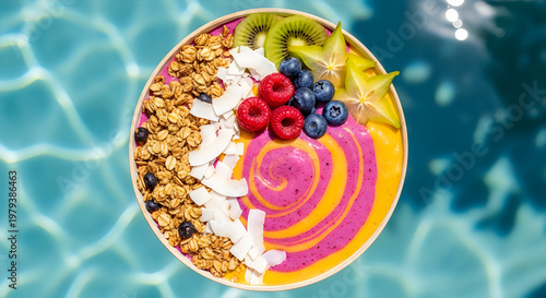 Healthy acai bowl with granola, fresh berries, and banana on turquoise water background
