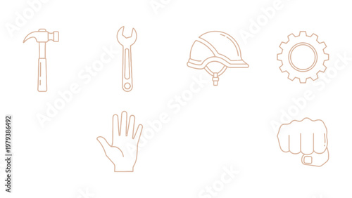 Crafting the Blueprint: A Minimalist Composition of Essential Tools and Symbols. An artistic arrangement presents a hammer, wrench, helmet, gear, hand, and fist to symbolize industry and construction.