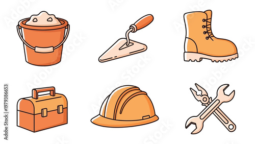 Construction Tools Icons: A set of essential construction tools, each carefully rendered as a vibrant icon. Perfect for illustrating various aspects of construction, renovation, and DIY projects.